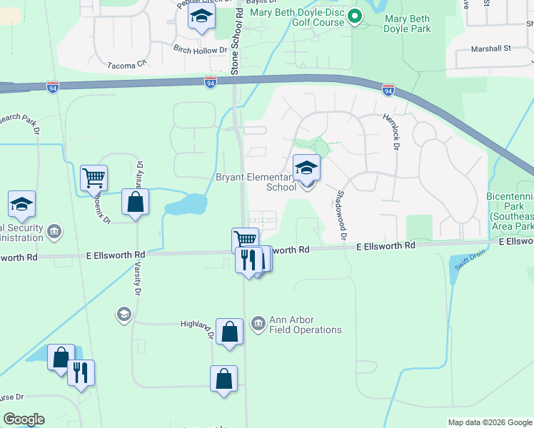 map of restaurants, bars, coffee shops, grocery stores, and more near 3016 Cloverly Lane in Ann Arbor