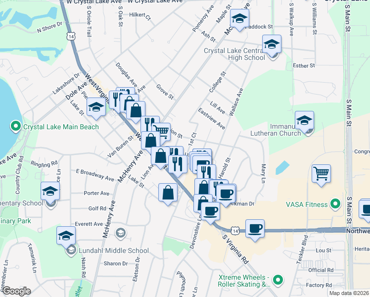 map of restaurants, bars, coffee shops, grocery stores, and more near 253 Uteg Street in Crystal Lake