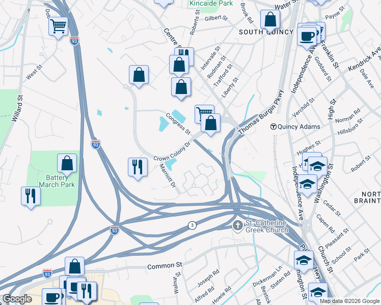 map of restaurants, bars, coffee shops, grocery stores, and more near 400 Crown Colony Drive in Quincy