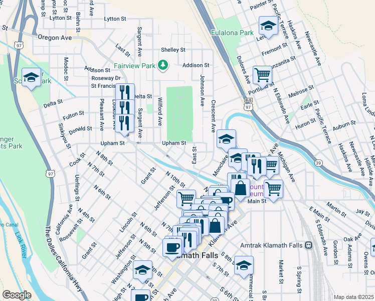 map of restaurants, bars, coffee shops, grocery stores, and more near 520 North 12th Street in Klamath Falls