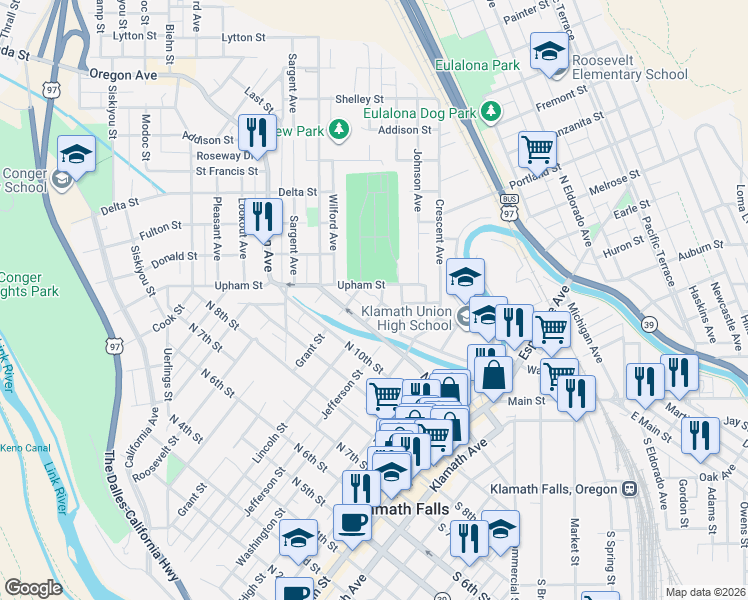 map of restaurants, bars, coffee shops, grocery stores, and more near 611 North 11th Street in Klamath Falls