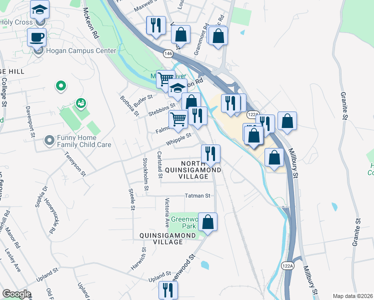 map of restaurants, bars, coffee shops, grocery stores, and more near 20 Ekman Street in Worcester