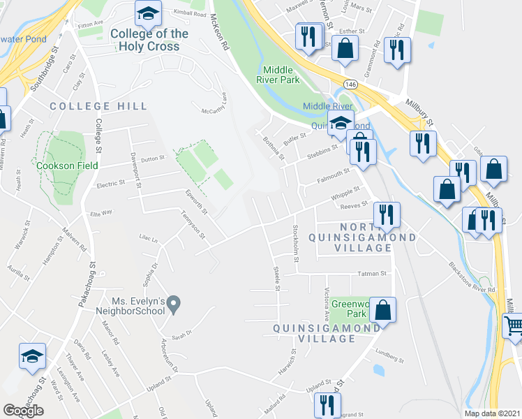 map of restaurants, bars, coffee shops, grocery stores, and more near 72 Whipple Street in Worcester