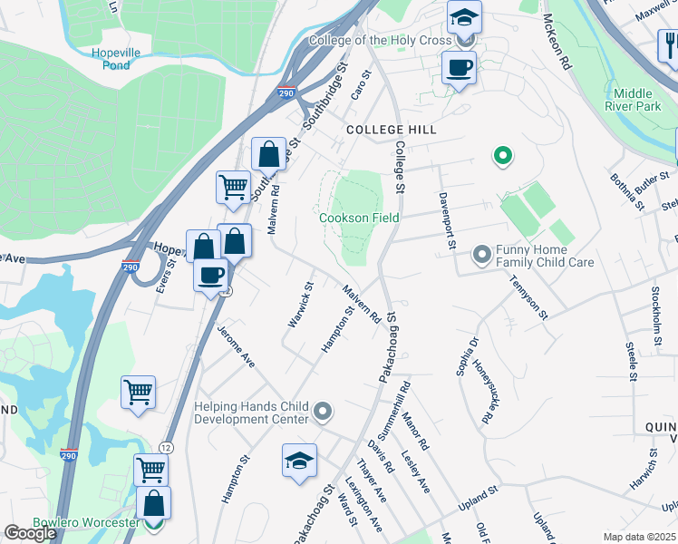 map of restaurants, bars, coffee shops, grocery stores, and more near 132 Malvern Road in Worcester