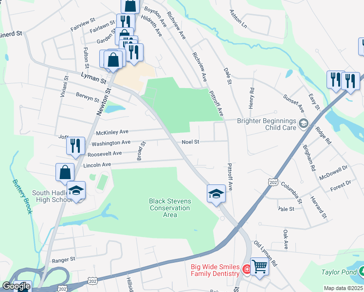 map of restaurants, bars, coffee shops, grocery stores, and more near 46 Lyman Street in South Hadley
