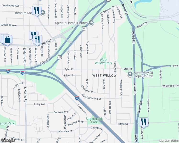 map of restaurants, bars, coffee shops, grocery stores, and more near 1063 Lori Street in Ypsilanti