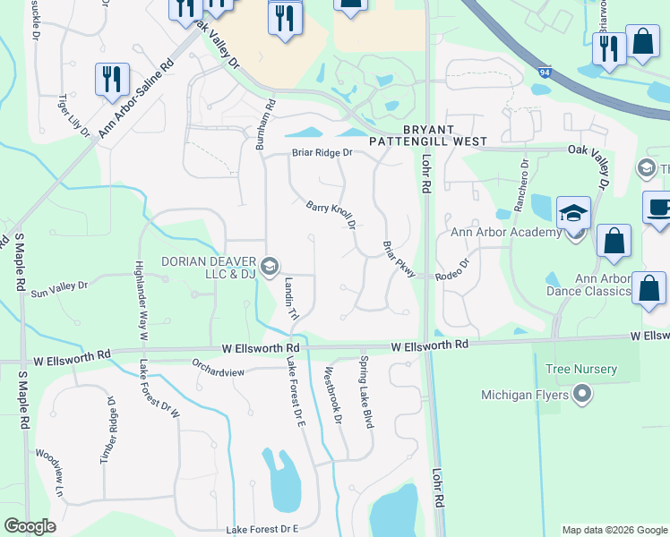 map of restaurants, bars, coffee shops, grocery stores, and more near 3831 Arcadia Drive in Ann Arbor