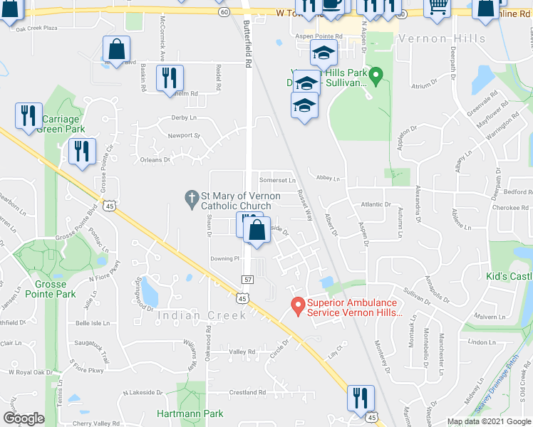 map of restaurants, bars, coffee shops, grocery stores, and more near 202 Sunset Court in Vernon Hills