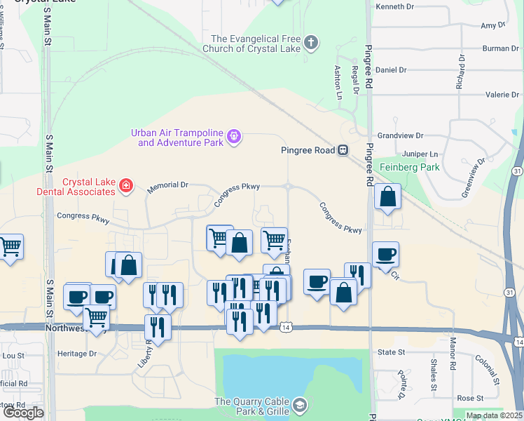map of restaurants, bars, coffee shops, grocery stores, and more near 360 Station Drive in Crystal Lake