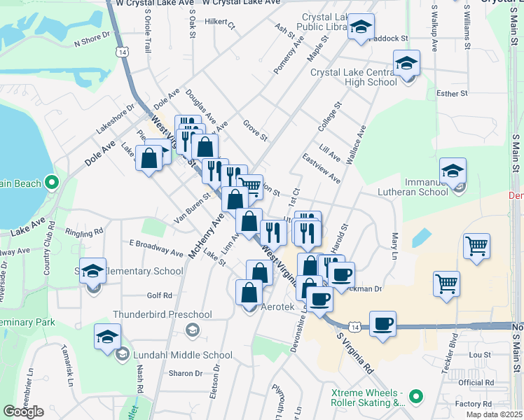map of restaurants, bars, coffee shops, grocery stores, and more near 320 West Virginia Street in Crystal Lake