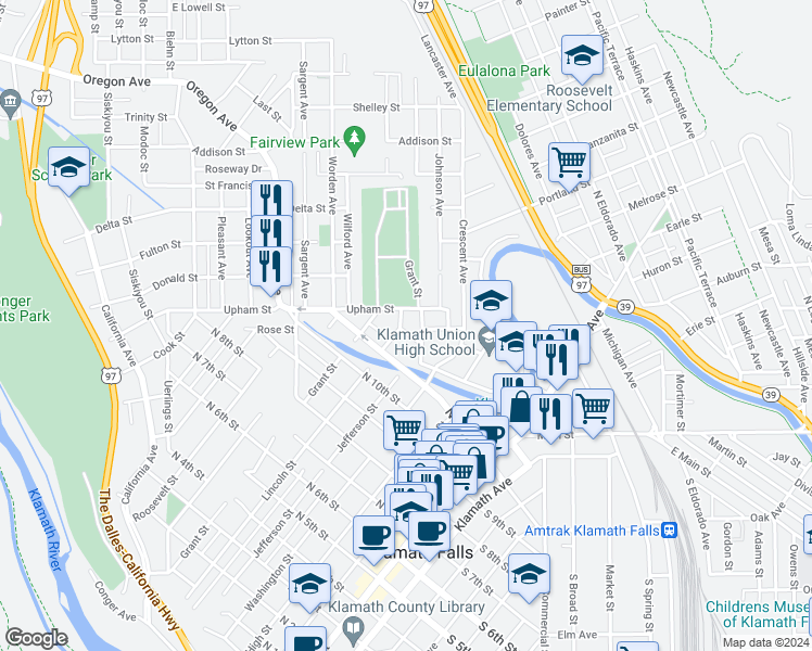 map of restaurants, bars, coffee shops, grocery stores, and more near 533 North 12th Street in Klamath Falls