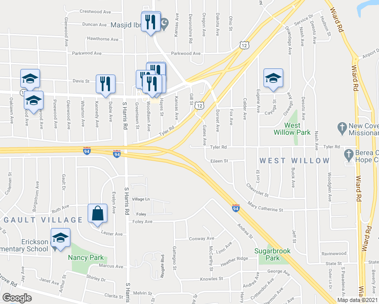map of restaurants, bars, coffee shops, grocery stores, and more near 1650 Tyler Road in Ypsilanti