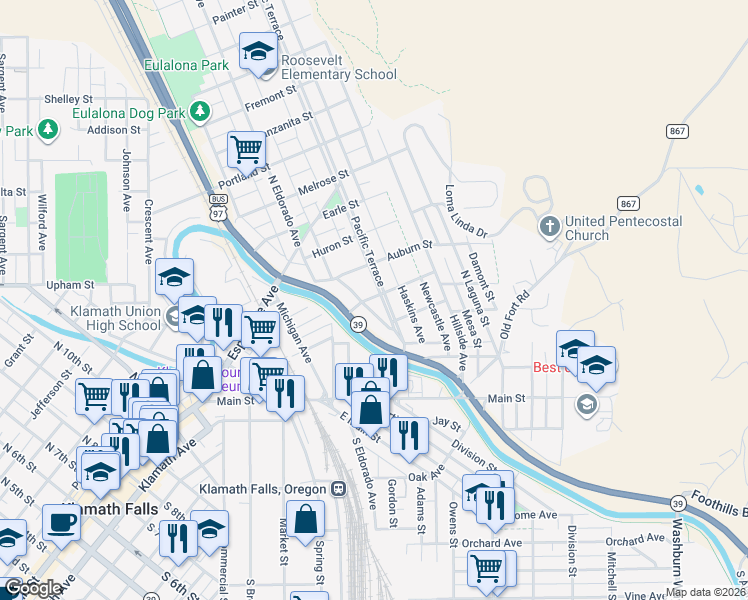 map of restaurants, bars, coffee shops, grocery stores, and more near 346 Pacific Terrace in Klamath Falls