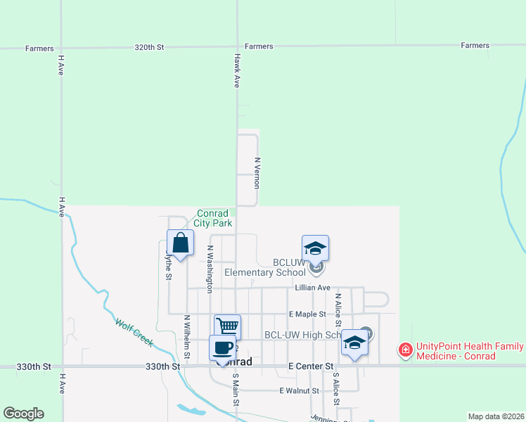 map of restaurants, bars, coffee shops, grocery stores, and more near 119 Alma Street in Conrad
