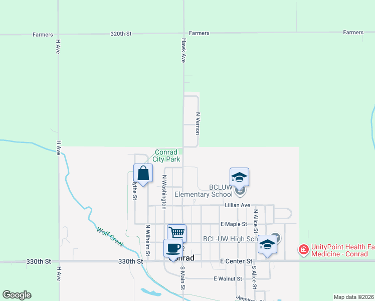 map of restaurants, bars, coffee shops, grocery stores, and more near 601 North Main Street in Conrad