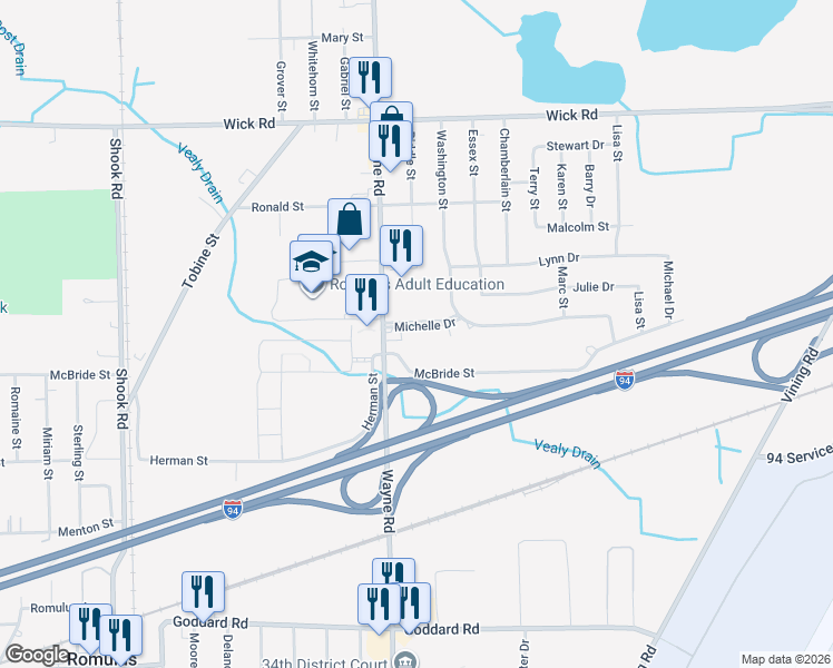 map of restaurants, bars, coffee shops, grocery stores, and more near 34900 McBride Street in Romulus
