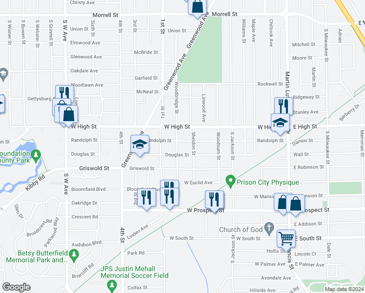 map of restaurants, bars, coffee shops, grocery stores, and more near 1407 Woodbridge Street in Jackson