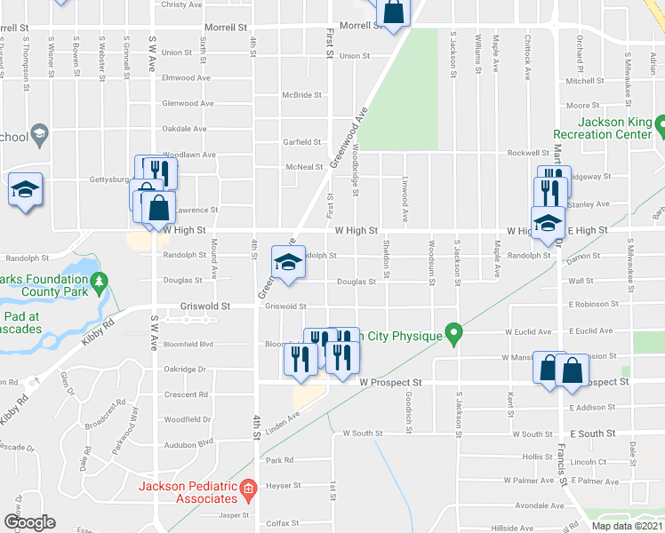 map of restaurants, bars, coffee shops, grocery stores, and more near 1407 1st Street in Jackson
