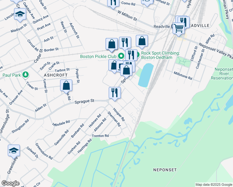map of restaurants, bars, coffee shops, grocery stores, and more near 453 Sprague Street in Dedham