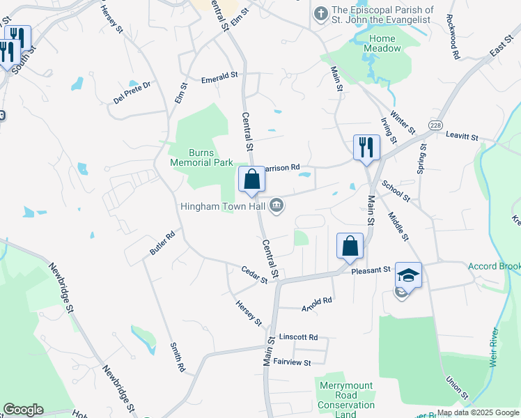 map of restaurants, bars, coffee shops, grocery stores, and more near 210 Central Street in Hingham