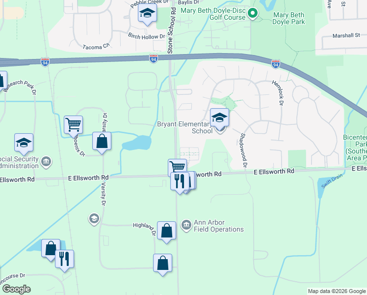 map of restaurants, bars, coffee shops, grocery stores, and more near 2076 Cloverly Lane in Ann Arbor
