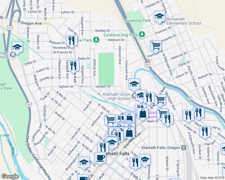 map of restaurants, bars, coffee shops, grocery stores, and more near 520 North 12th Street in Klamath Falls