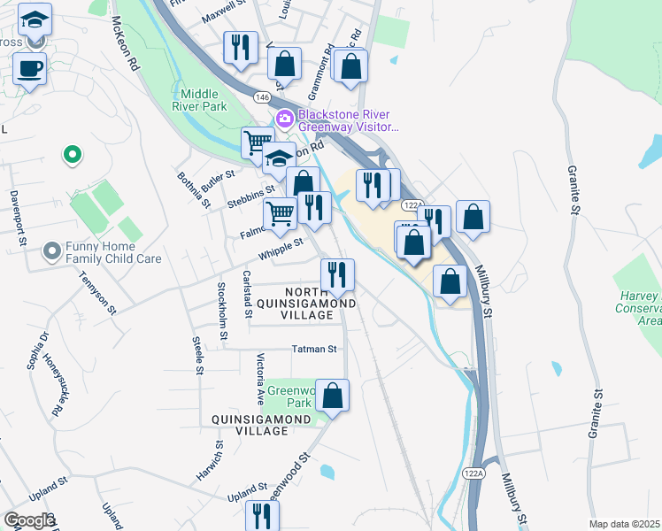 map of restaurants, bars, coffee shops, grocery stores, and more near 29 Greenwood Street in Worcester