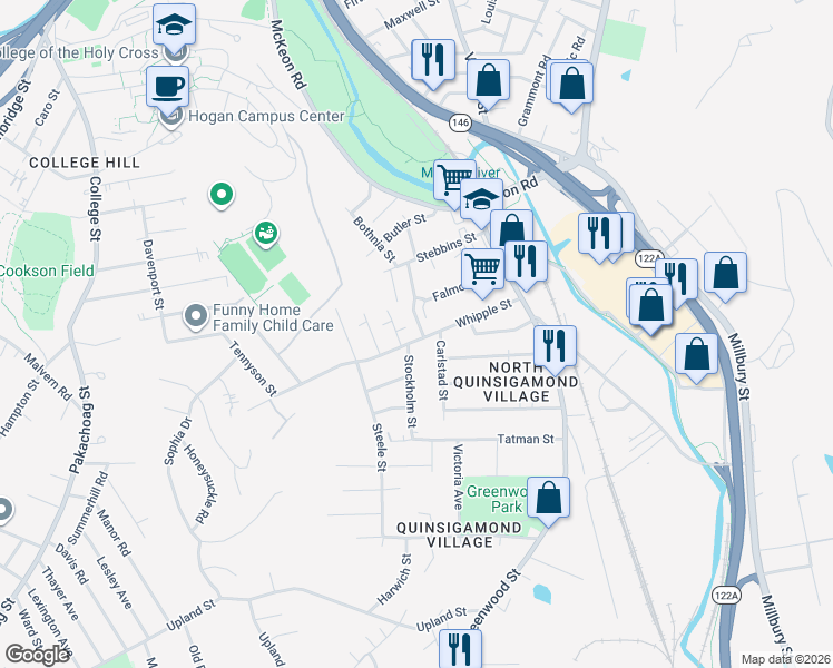 map of restaurants, bars, coffee shops, grocery stores, and more near 55 Whipple Street in Worcester