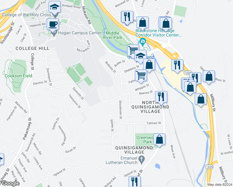 map of restaurants, bars, coffee shops, grocery stores, and more near 55 Whipple Street in Worcester