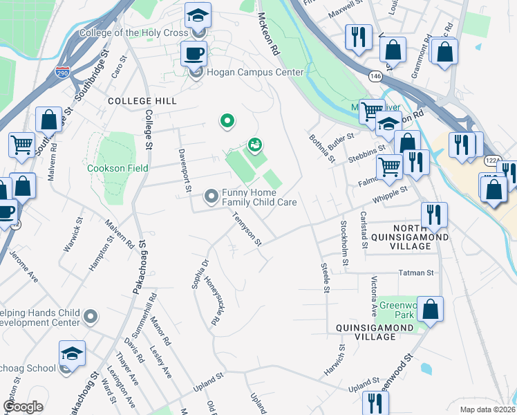 map of restaurants, bars, coffee shops, grocery stores, and more near 57 Tennyson Street in Worcester
