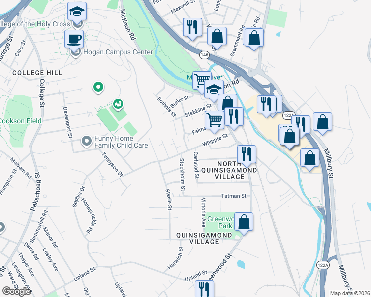 map of restaurants, bars, coffee shops, grocery stores, and more near 55 Whipple Street in Worcester