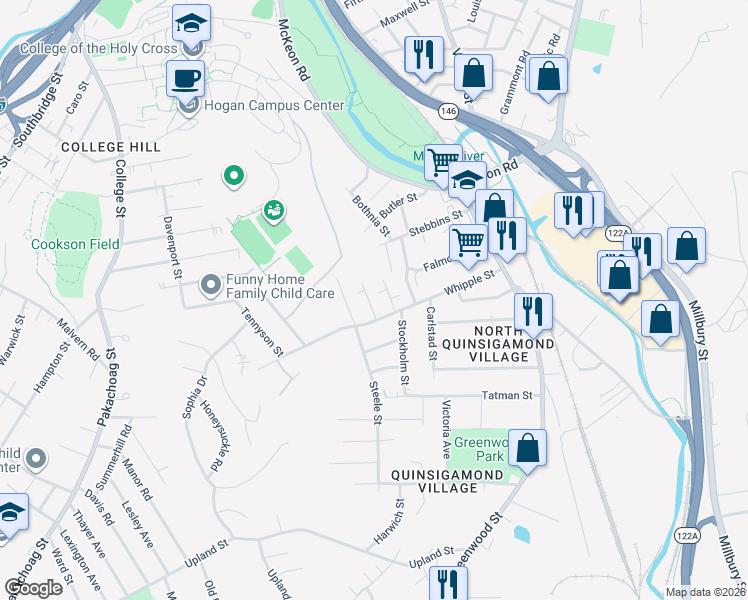 map of restaurants, bars, coffee shops, grocery stores, and more near 72 Whipple Street in Worcester