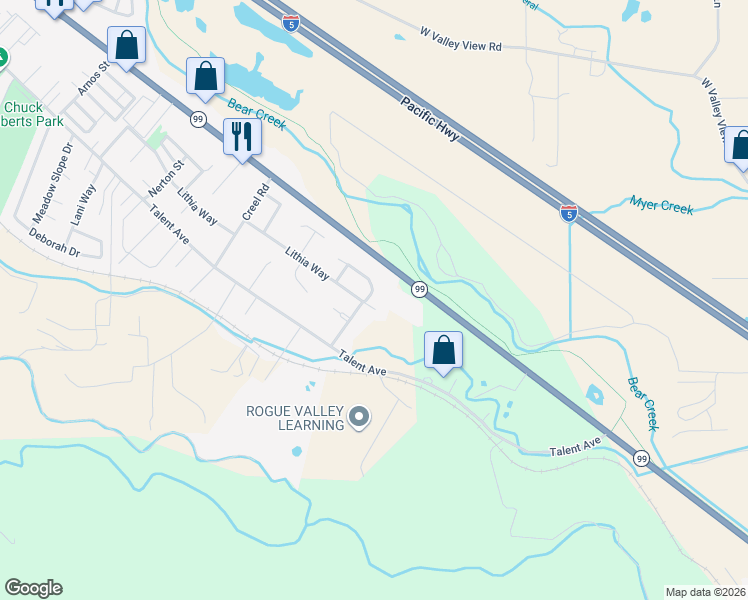 map of restaurants, bars, coffee shops, grocery stores, and more near 490 Alpine Way in Talent