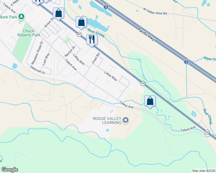 map of restaurants, bars, coffee shops, grocery stores, and more near 1616 Talent Avenue in Talent