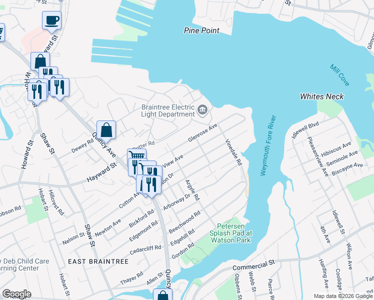 map of restaurants, bars, coffee shops, grocery stores, and more near 79 Pleasant View Avenue in Braintree