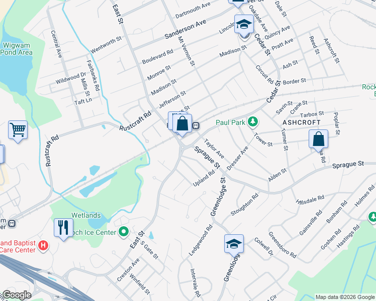 map of restaurants, bars, coffee shops, grocery stores, and more near 27 Top Hill Avenue in Dedham