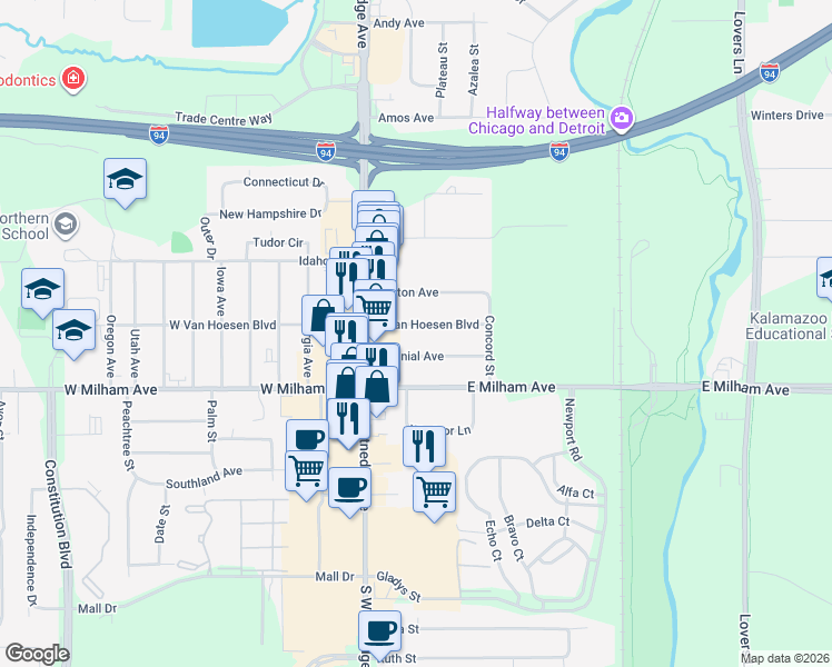 map of restaurants, bars, coffee shops, grocery stores, and more near 224 Colonial Avenue in Portage