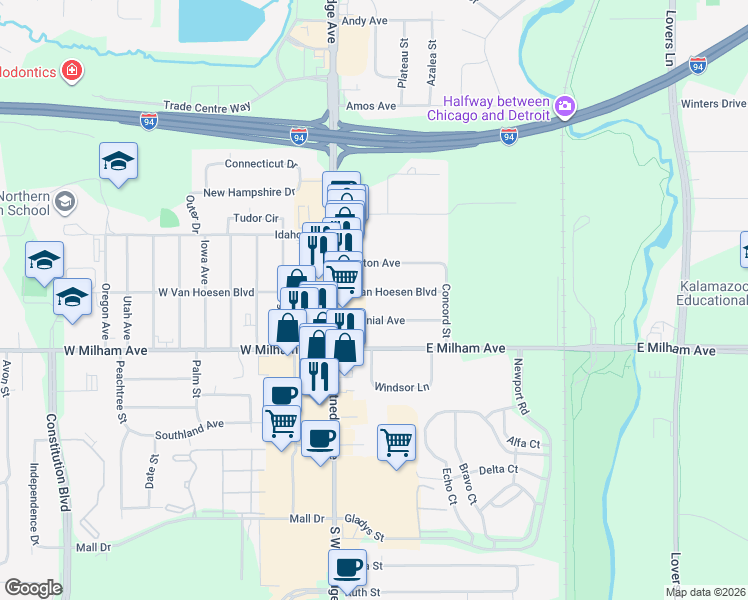 map of restaurants, bars, coffee shops, grocery stores, and more near 124 Colonial Avenue in Portage