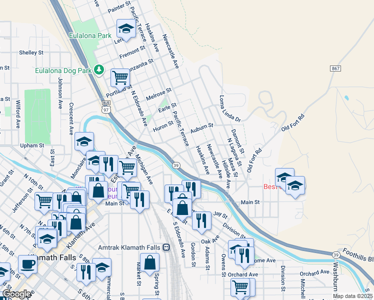 map of restaurants, bars, coffee shops, grocery stores, and more near Pacific Terrace & Erie St in Klamath Falls