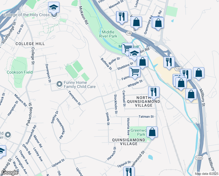 map of restaurants, bars, coffee shops, grocery stores, and more near 3 Henry Terrace in Worcester