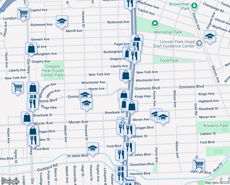 map of restaurants, bars, coffee shops, grocery stores, and more near 1347 Emmons Boulevard in Lincoln Park