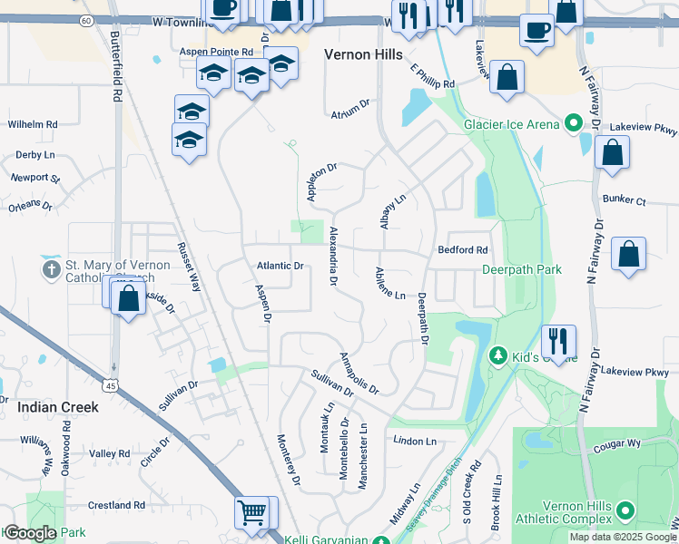 map of restaurants, bars, coffee shops, grocery stores, and more near 217 Alexandria Drive in Vernon Hills