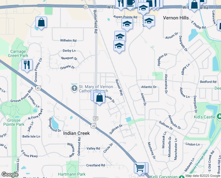 map of restaurants, bars, coffee shops, grocery stores, and more near 355 Mallard Court in Vernon Hills