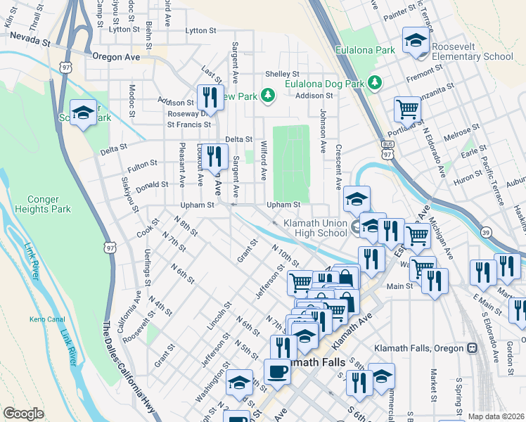 map of restaurants, bars, coffee shops, grocery stores, and more near 1022 McKinley Street in Klamath Falls
