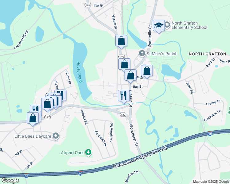 map of restaurants, bars, coffee shops, grocery stores, and more near 19 Mill Street in Grafton