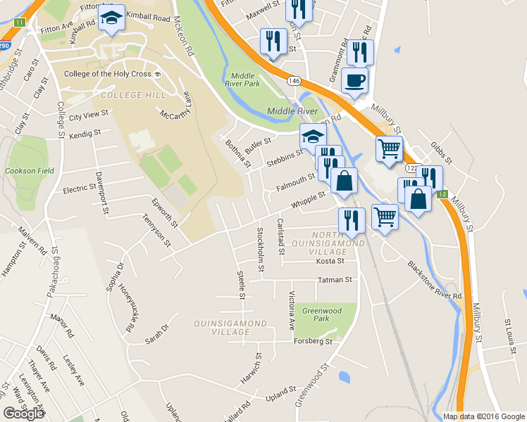 map of restaurants, bars, coffee shops, grocery stores, and more near 55 Whipple Street in Worcester
