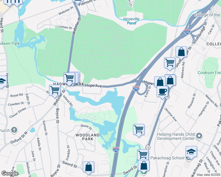 map of restaurants, bars, coffee shops, grocery stores, and more near 123 Hope Avenue in Worcester