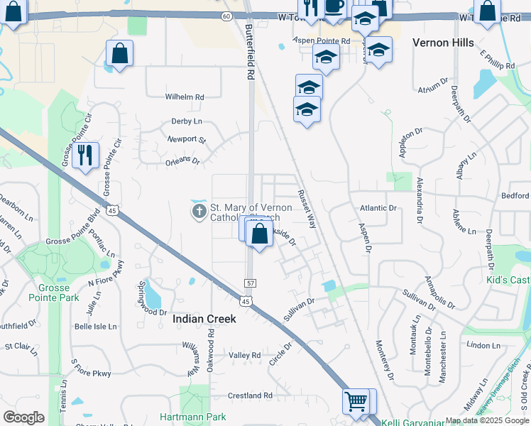 map of restaurants, bars, coffee shops, grocery stores, and more near 202 Sunset Court in Vernon Hills