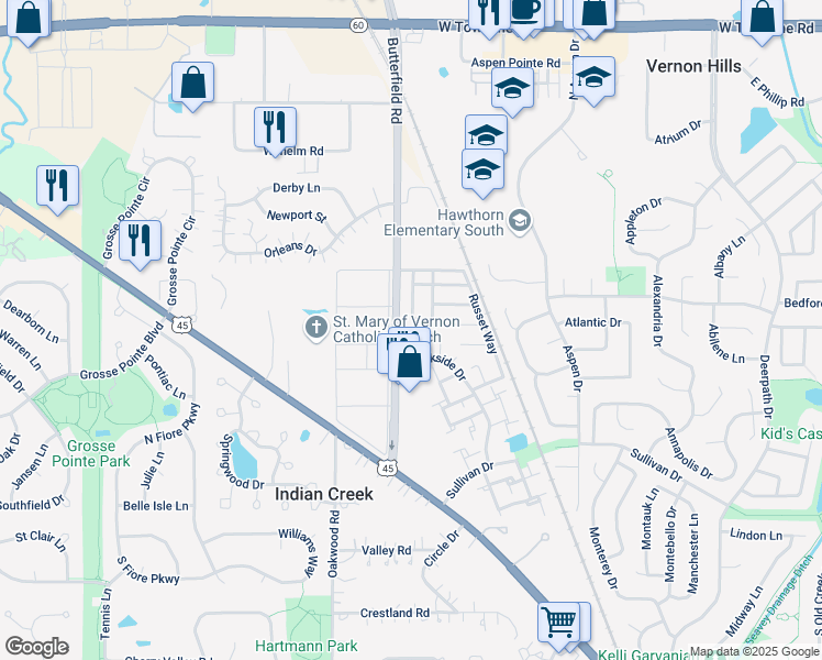 map of restaurants, bars, coffee shops, grocery stores, and more near 202 Sunset Court in Vernon Hills