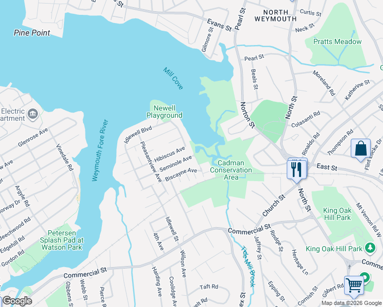 map of restaurants, bars, coffee shops, grocery stores, and more near 240 Idlewell Boulevard in Weymouth
